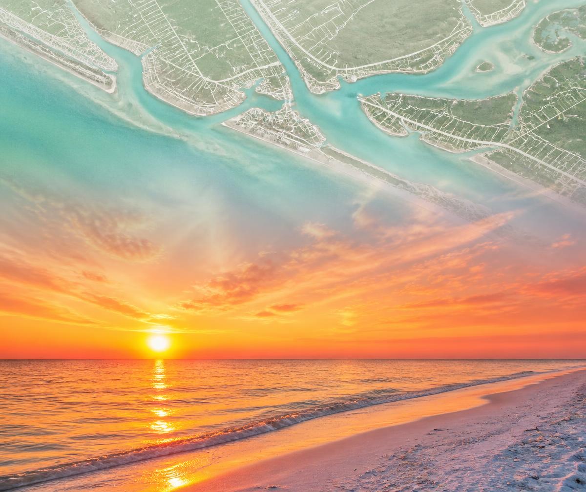 Aerial map of the Englewood Florida coastline fading into a sunset over the Gulf of Mexico with white sand beach